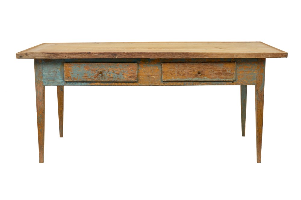 A mid 19th-century Swedish pine bakers table featuring two drawers, tapered square legs, and a distressed blue painted finish with a scrubbed wooden top. View II