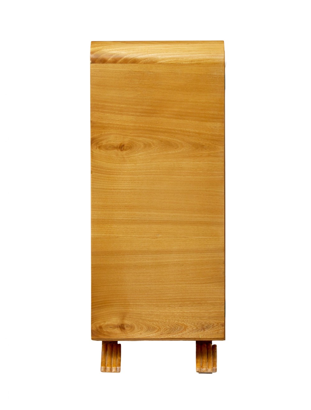 A low Scandinavian Art Deco open bookcase in golden burr elm with rounded upper corners, flanked cupboards, open central shelves, and sculpted feet. View IV