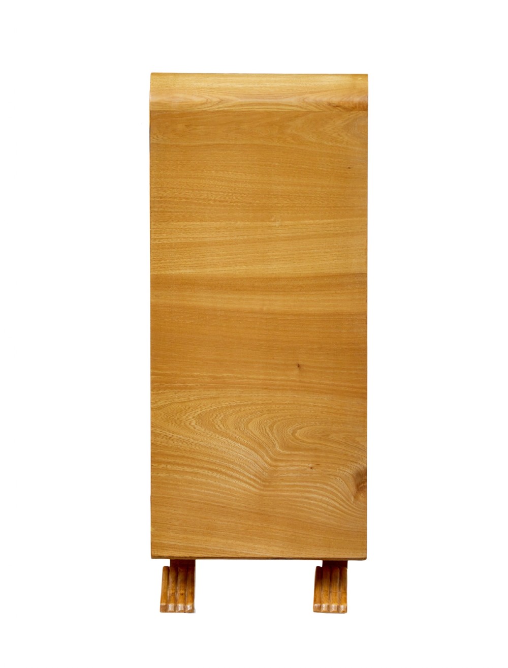 A low Scandinavian Art Deco open bookcase in golden burr elm with rounded upper corners, flanked cupboards, open central shelves, and sculpted feet. View VI