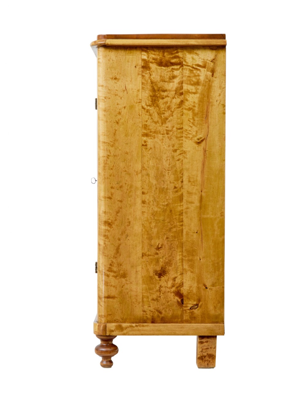 A 19th-century Swedish double-door cupboard crafted from highly figured golden birch timber with turned front feet. View VI