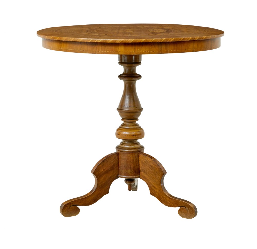 A 19th-century round walnut pedestal table featuring intricate Sorrento marquetry inlay on the tabletop and a turned column supported by a tripod base. View II