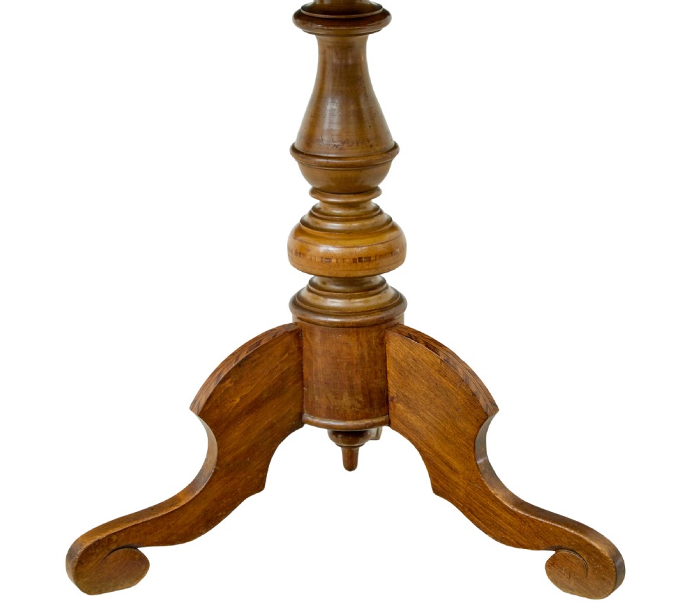 A 19th-century round walnut pedestal table featuring intricate Sorrento marquetry inlay on the tabletop and a turned column supported by a tripod base. View III