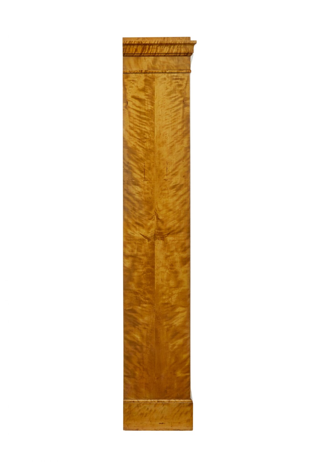An early 20th-century Swedish Empire Revival open bookcase crafted from golden satin birch with a stepped cornice and ebonised diamond motif. View VI