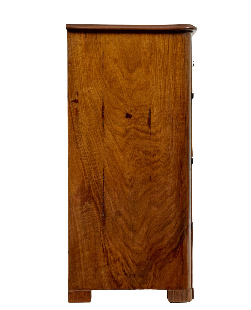A nineteenth-century Scandinavian burr walnut chest of four drawers featuring symmetrical book-matched grain veneer and rounded side pillars on block feet. View VII