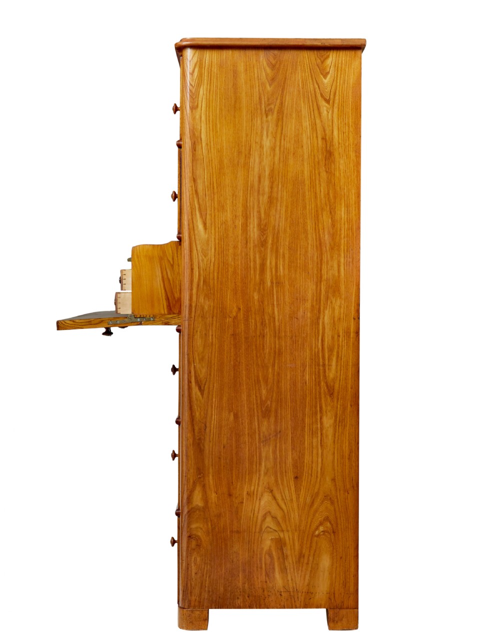 A tall 19th-century elm secretaire chest featuring six graduated drawers with turned wooden knobs and keyhole escutcheons. View VI