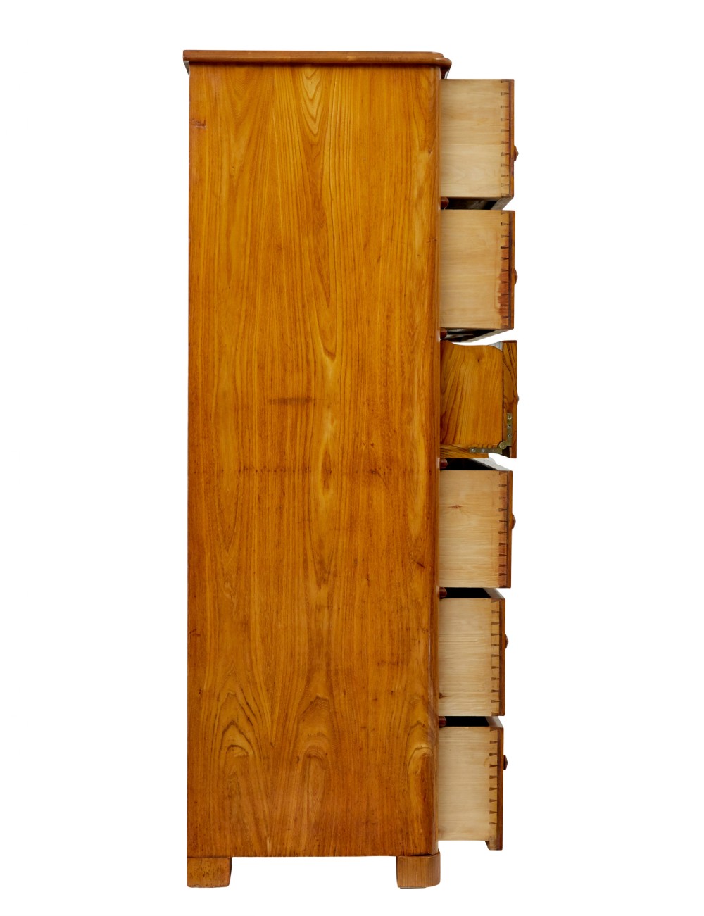 A tall 19th-century elm secretaire chest featuring six graduated drawers with turned wooden knobs and keyhole escutcheons. View VIII