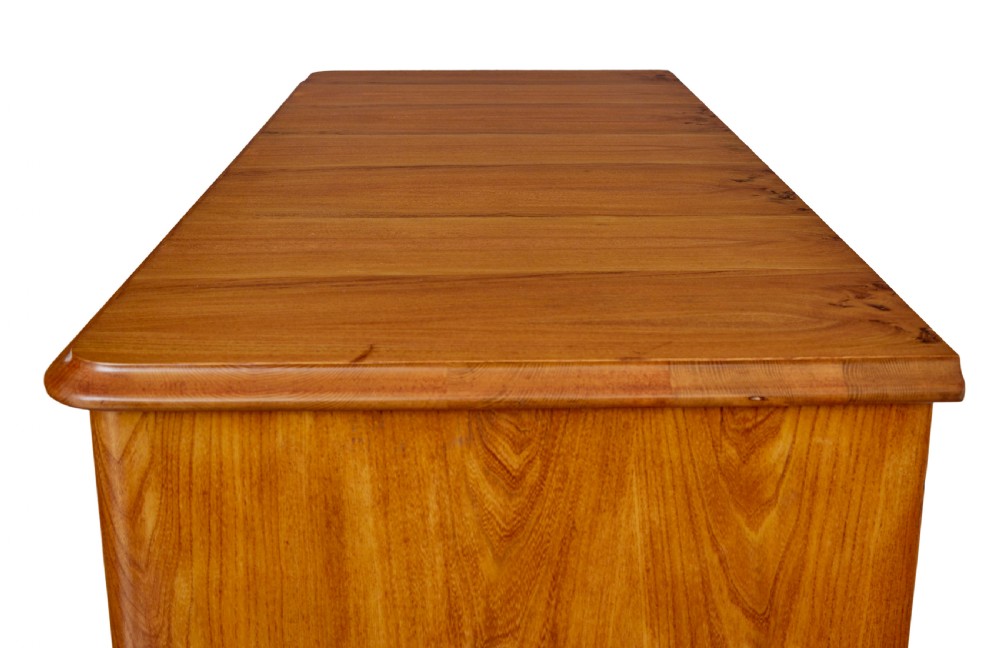 A tall 19th-century elm secretaire chest featuring six graduated drawers with turned wooden knobs and keyhole escutcheons. View XII