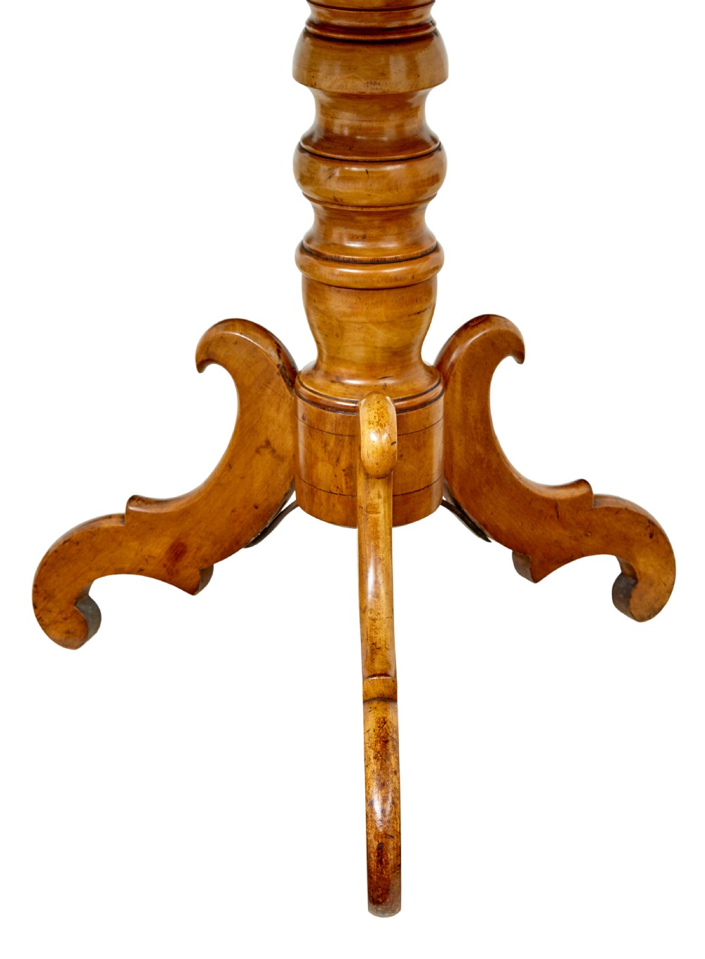 A nineteenth-century oval occasional table crafted from inlaid burr birch with a scalloped apron, turned central pedestal, and four carved scrolled legs. View VI