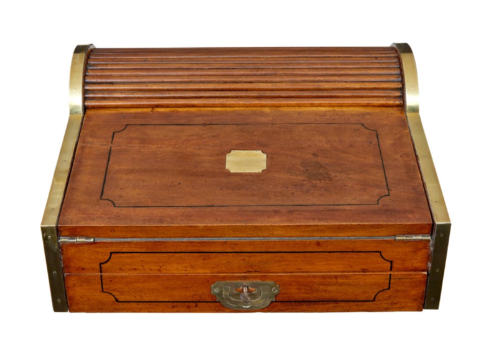 A 19th-century camphor wood campaign writing slope featuring a slatted tambour top, brass corner strapping, side carrying handles, and line inlay details. View VII