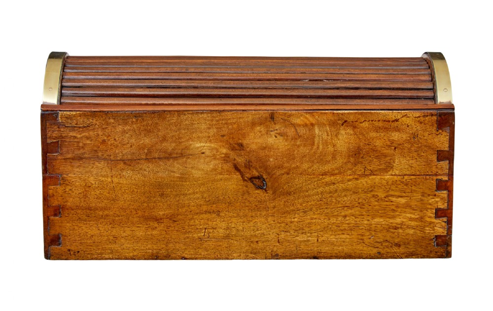 A 19th-century camphor wood campaign writing slope featuring a slatted tambour top, brass corner strapping, side carrying handles, and line inlay details. View IX