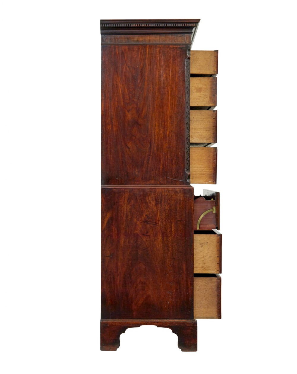 An early nineteenth-century Georgian mahogany chest on chest featuring bracket feet, brass swan-neck handles, and two stacked sections of graduated drawers. View VIII