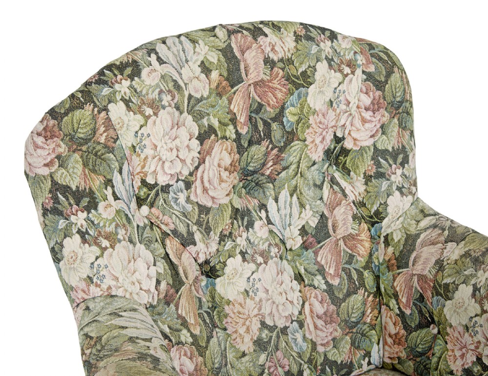 A pair of 19th-century French carved oak armchairs upholstered in a green floral tapestry fabric with carved lion-head armrests. View VIII