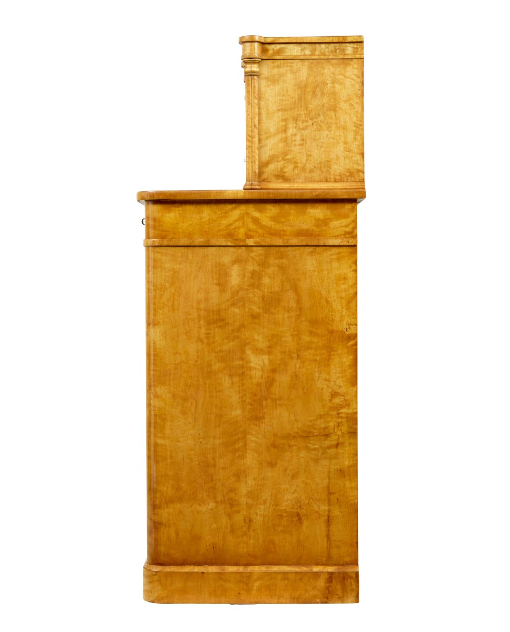 A mid-19th-century Swedish satin birch buffet sideboard featuring a lower three-door cabinet with carved petal applied mouldings and an upper tiered superstructure with Gothic arch cabinet doors. View VI