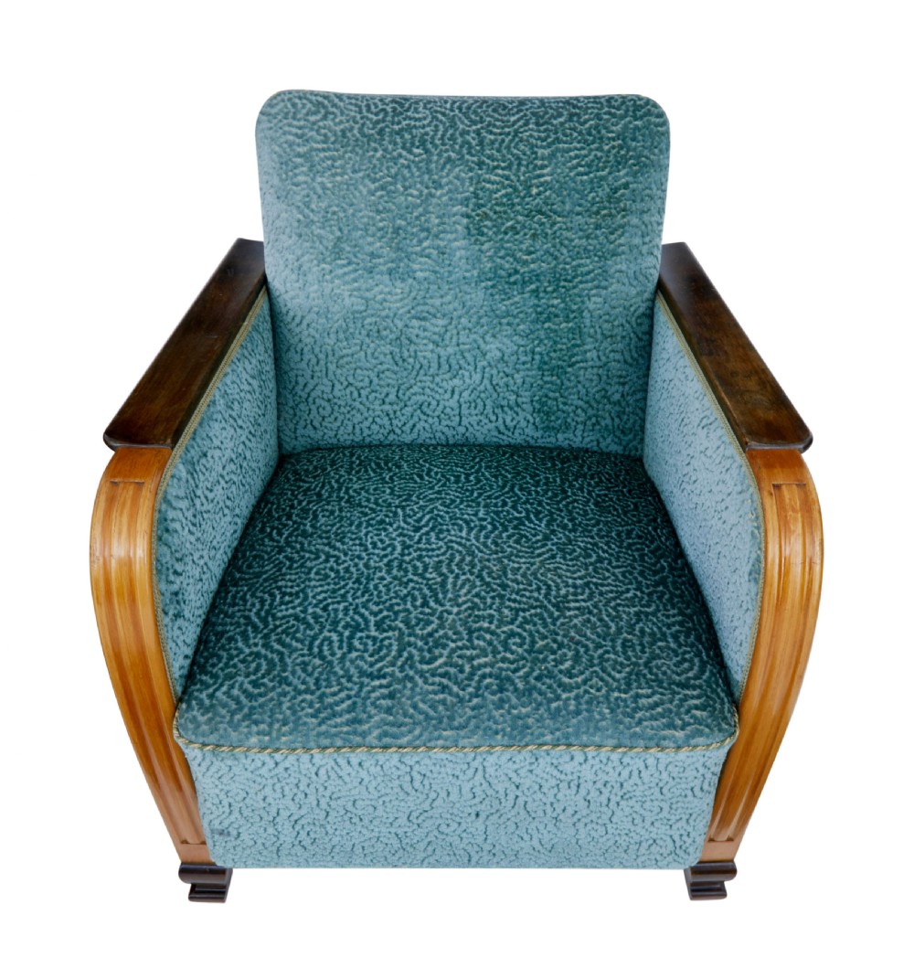 A pair of Swedish Art Deco armchairs featuring curved blonde wood arms, teal textured fabric upholstery, and dark block feet. View II