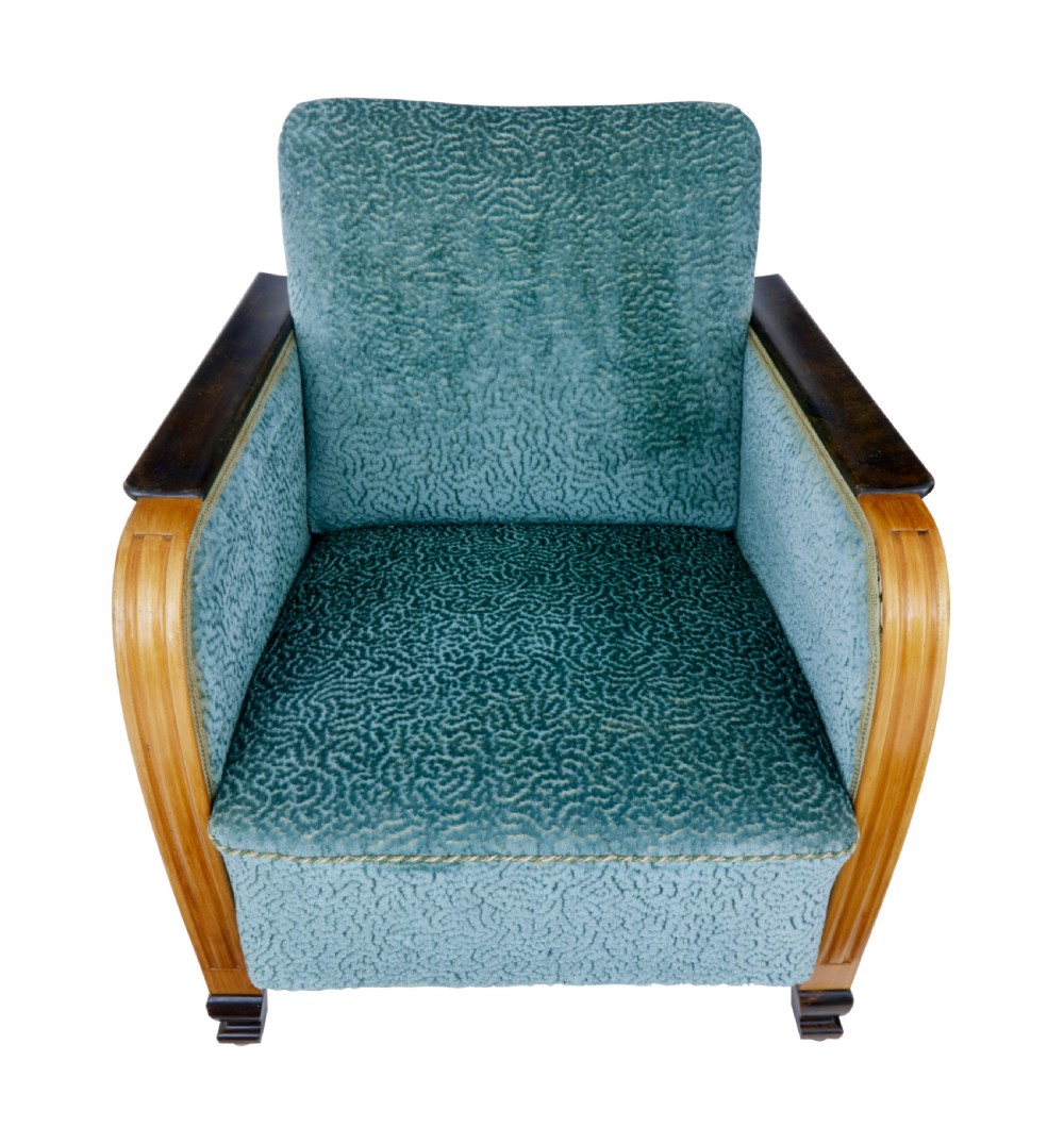 A pair of Swedish Art Deco armchairs featuring curved blonde wood arms, teal textured fabric upholstery, and dark block feet. View III