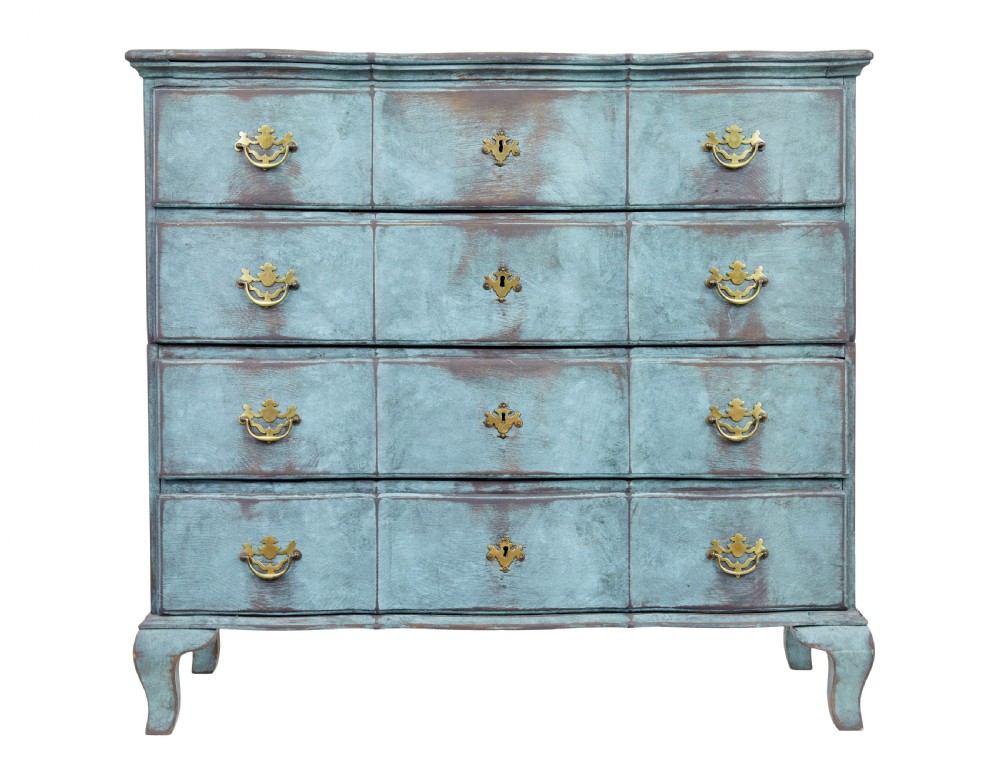 An 18th-century Scandinavian Baroque chest of drawers with four long drawers, brass handles, and a distressed blue-green painted finish. View VI