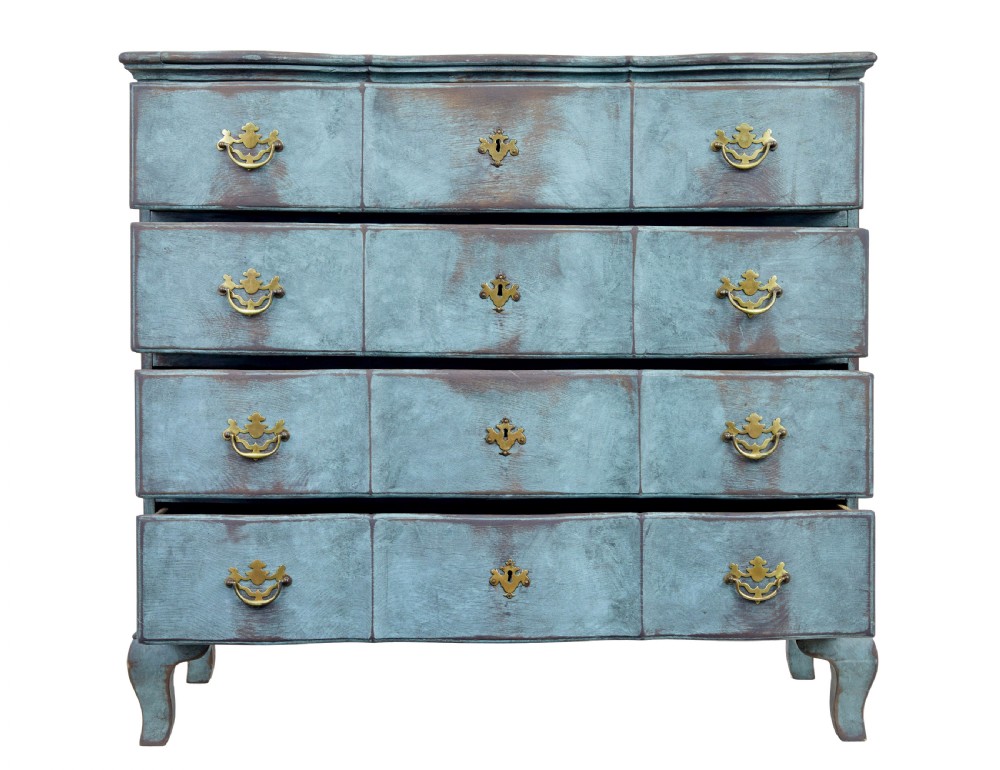 An 18th-century Scandinavian Baroque chest of drawers with four long drawers, brass handles, and a distressed blue-green painted finish. View VII