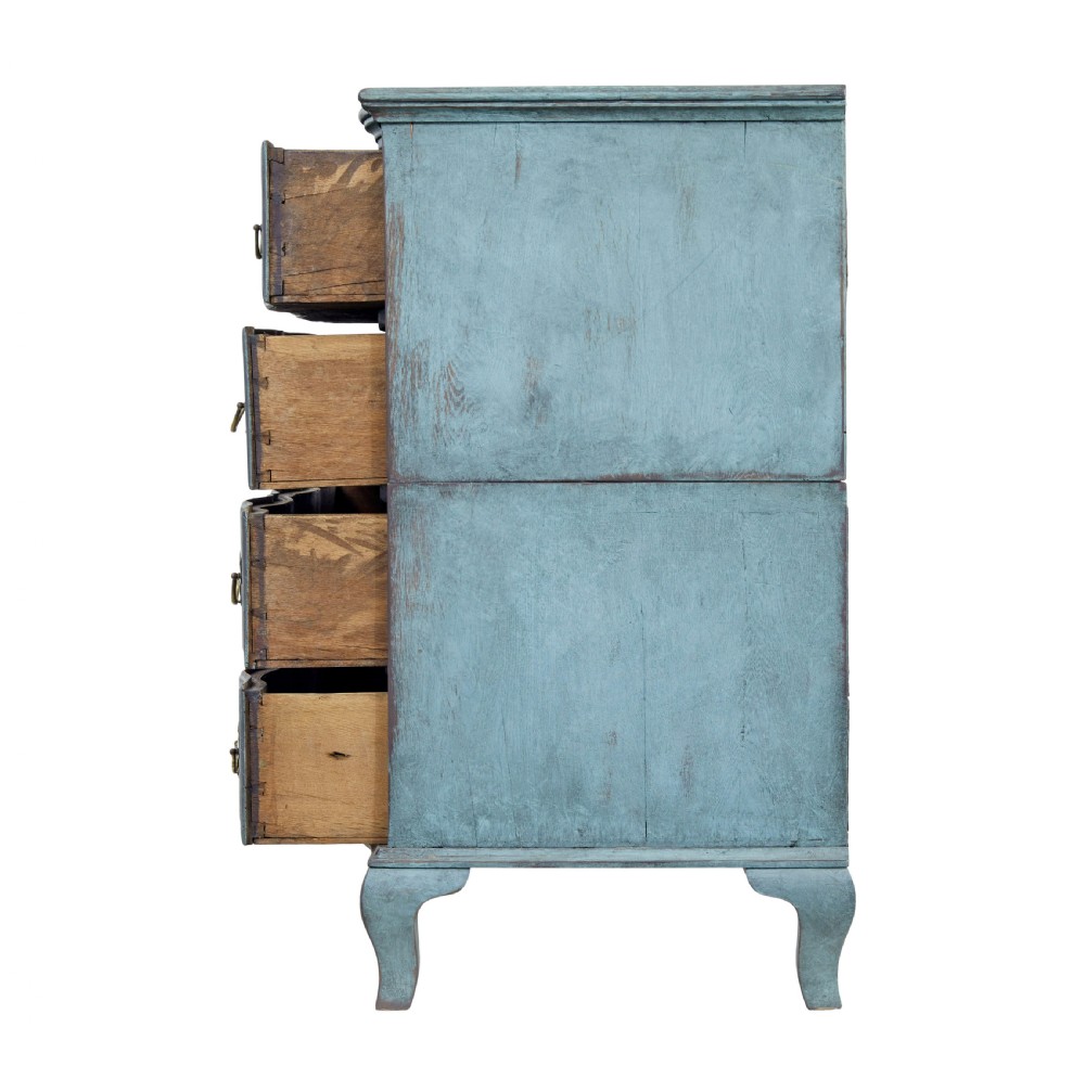 An 18th-century Scandinavian Baroque chest of drawers with four long drawers, brass handles, and a distressed blue-green painted finish. View VIII