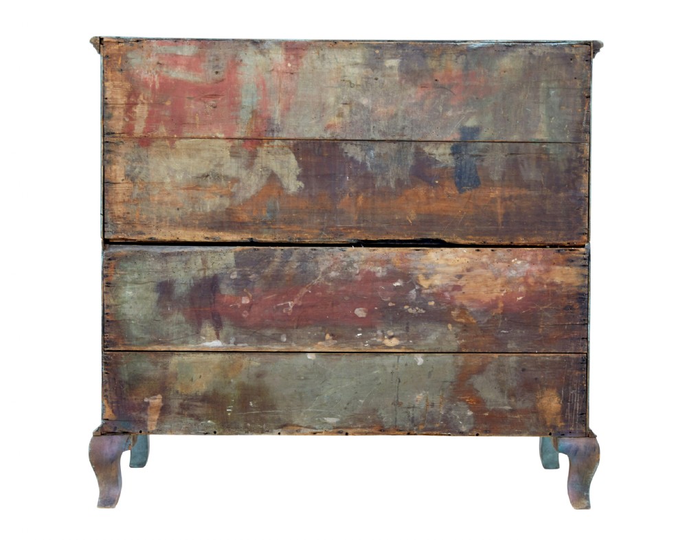An 18th-century Scandinavian Baroque chest of drawers with four long drawers, brass handles, and a distressed blue-green painted finish. View IX