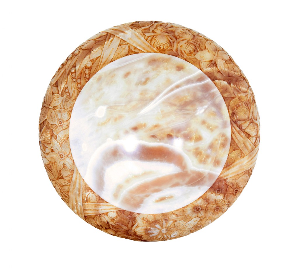 A carved warm amber alabaster ceiling bowl light suspended by three woven cords with a textured canopy. View VI