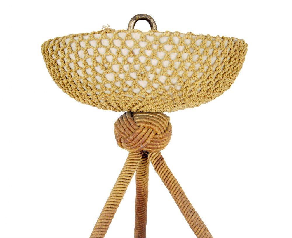A carved warm amber alabaster ceiling bowl light suspended by three woven cords with a textured canopy. View VII