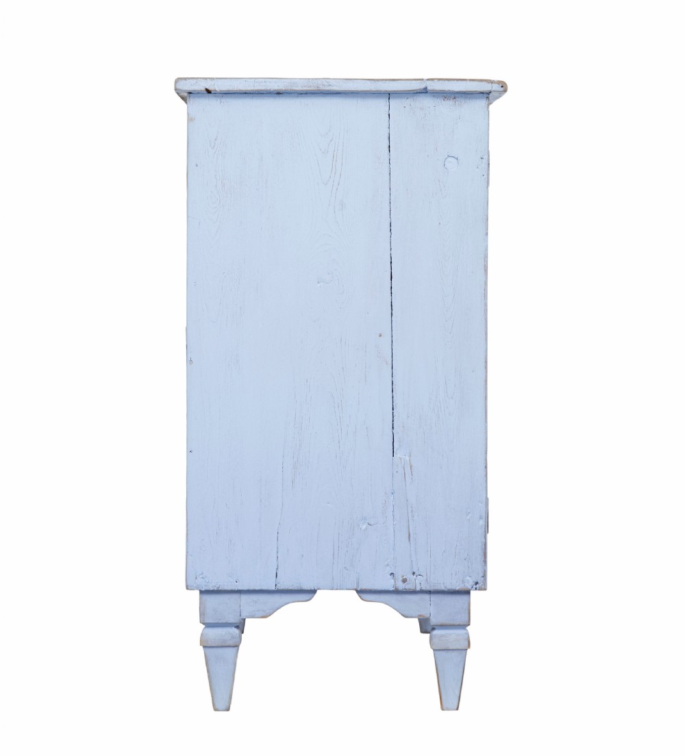 A 19th-century light blue painted pine two-door cupboard featuring reeded door panels with raised oval details and short turned feet. View VI