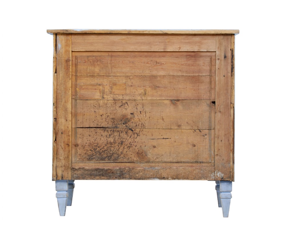 A 19th-century light blue painted pine two-door cupboard featuring reeded door panels with raised oval details and short turned feet. View VII