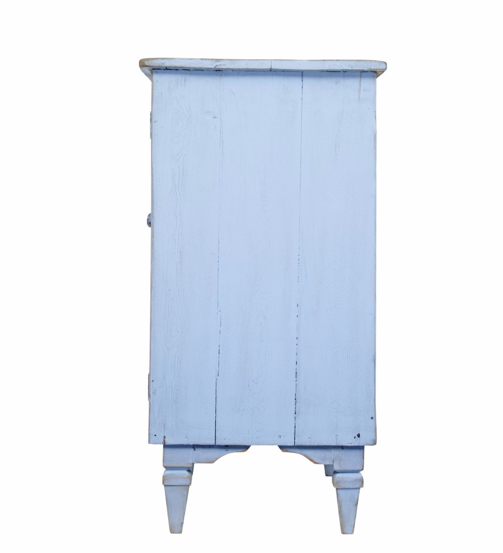 A 19th-century light blue painted pine two-door cupboard featuring reeded door panels with raised oval details and short turned feet. View VIII