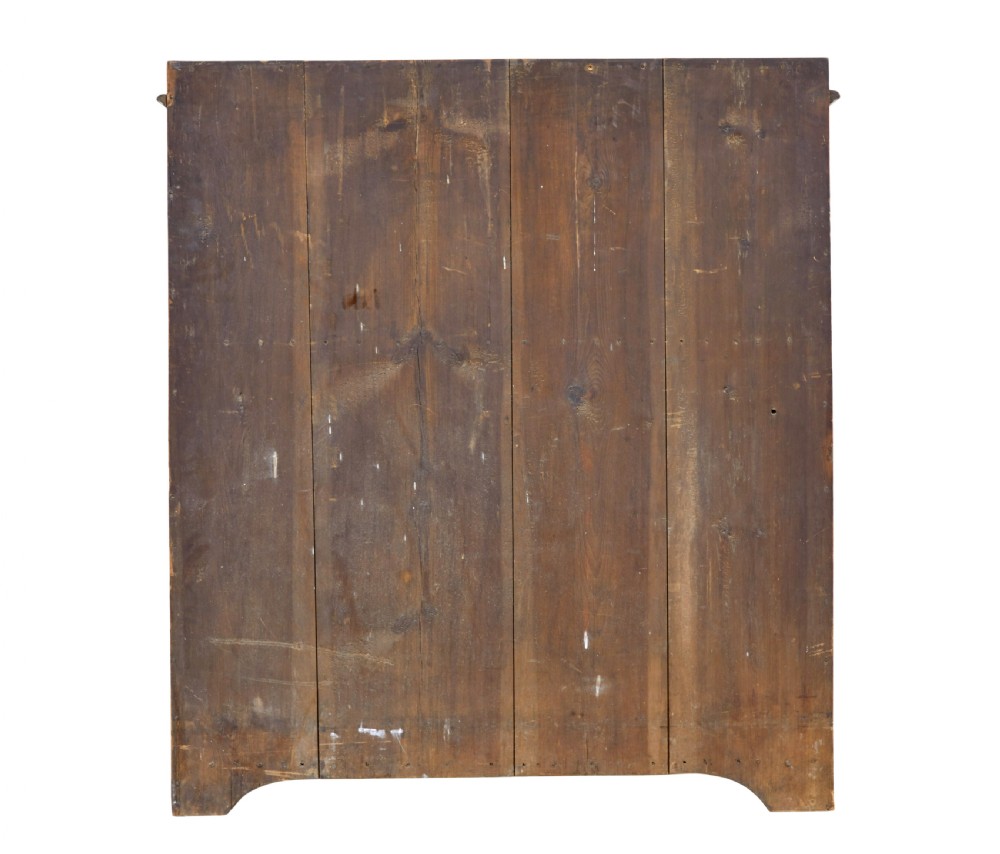 A 19th-century Swedish painted pine escritoire featuring a fall-front top section above three long drawers, finished in a faux-wood grain paint with brass drop handles and a scalloped plinth base. View VI
