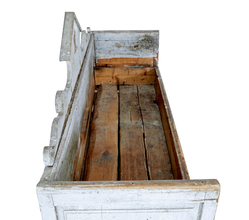 An early 19th-century Swedish Gustavian bench in distressed grey paint featuring a pedimented backrest and tapered legs. View VIII