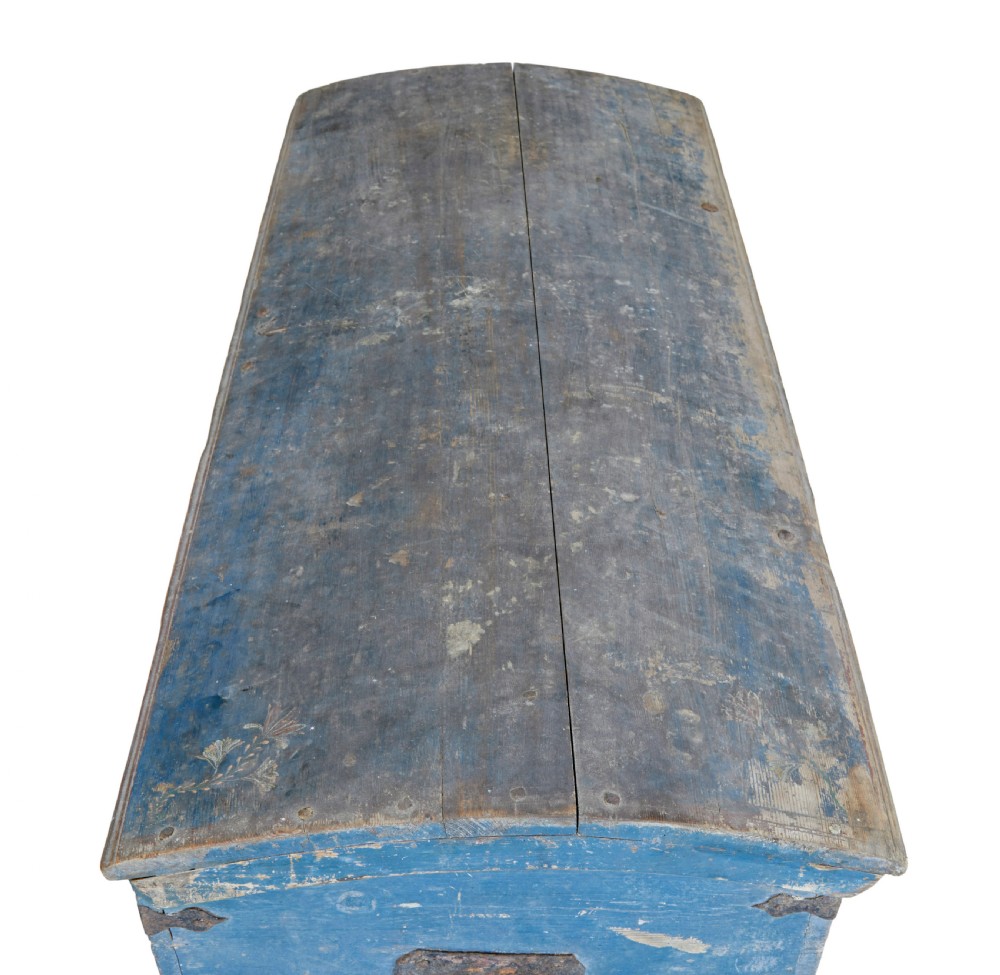 A nineteenth-century Swedish pine coffer painted in blue featuring hand-lettered initials AGSD dated 1854, floral wreath decoration, and wrought iron fittings. View II