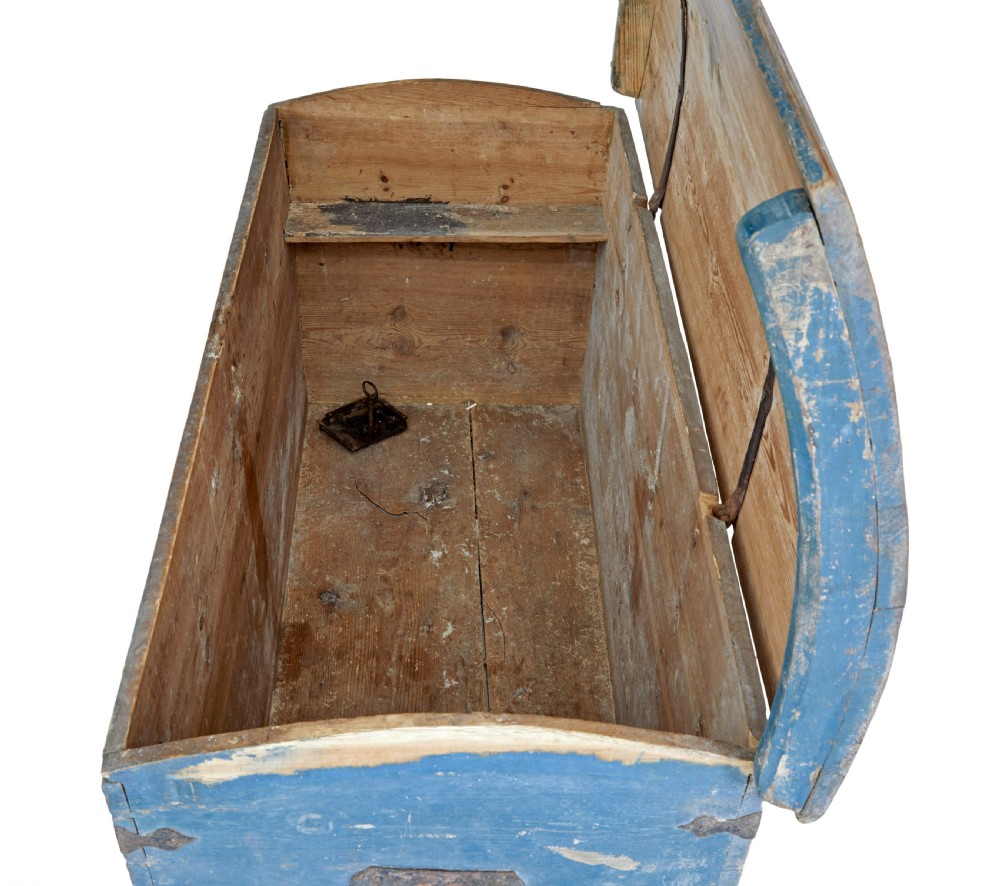 A nineteenth-century Swedish pine coffer painted in blue featuring hand-lettered initials AGSD dated 1854, floral wreath decoration, and wrought iron fittings. View III