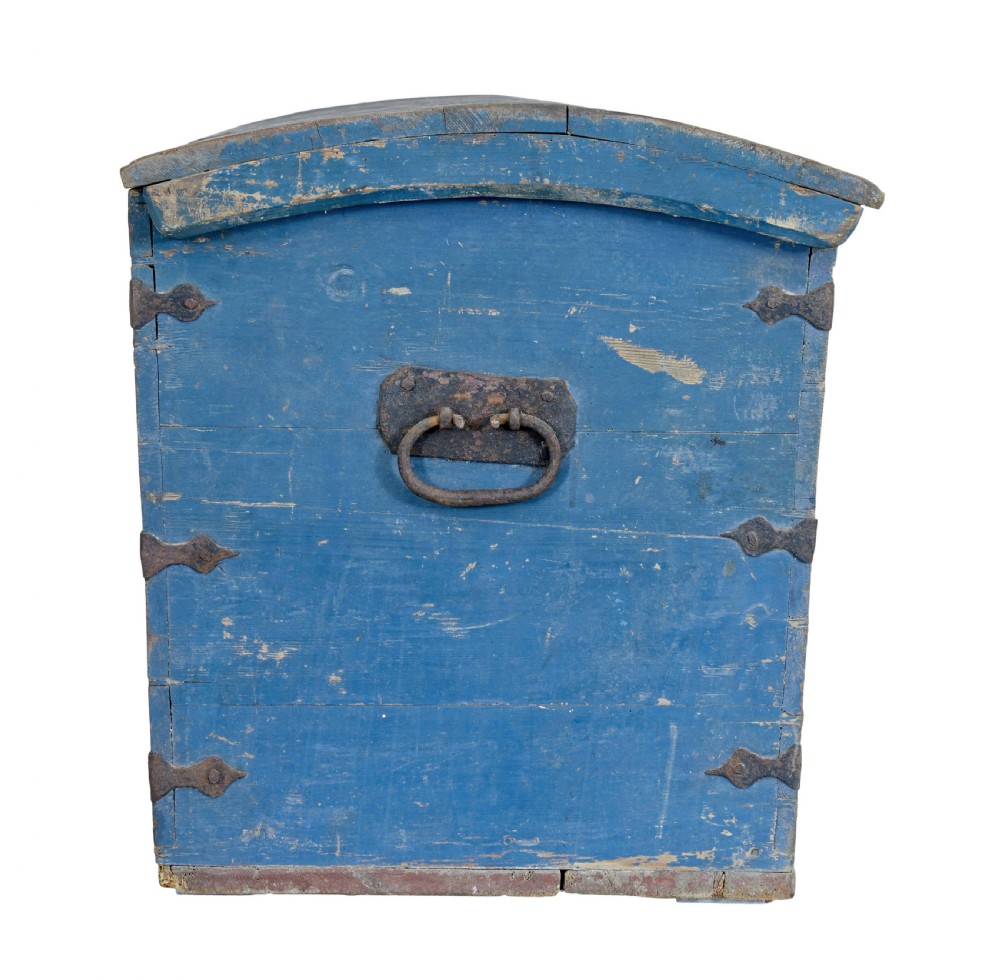A nineteenth-century Swedish pine coffer painted in blue featuring hand-lettered initials AGSD dated 1854, floral wreath decoration, and wrought iron fittings. View VI