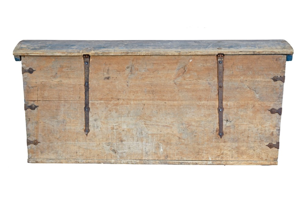 A nineteenth-century Swedish pine coffer painted in blue featuring hand-lettered initials AGSD dated 1854, floral wreath decoration, and wrought iron fittings. View VII