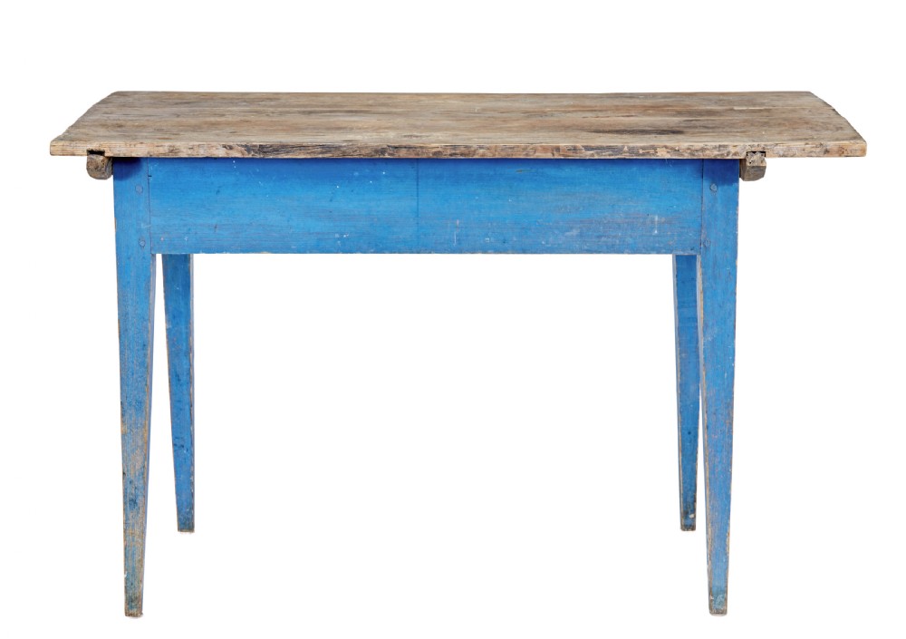 A 19th-century rustic side table featuring a blue painted apron and tapered legs with an unpainted natural pine plank top. View V