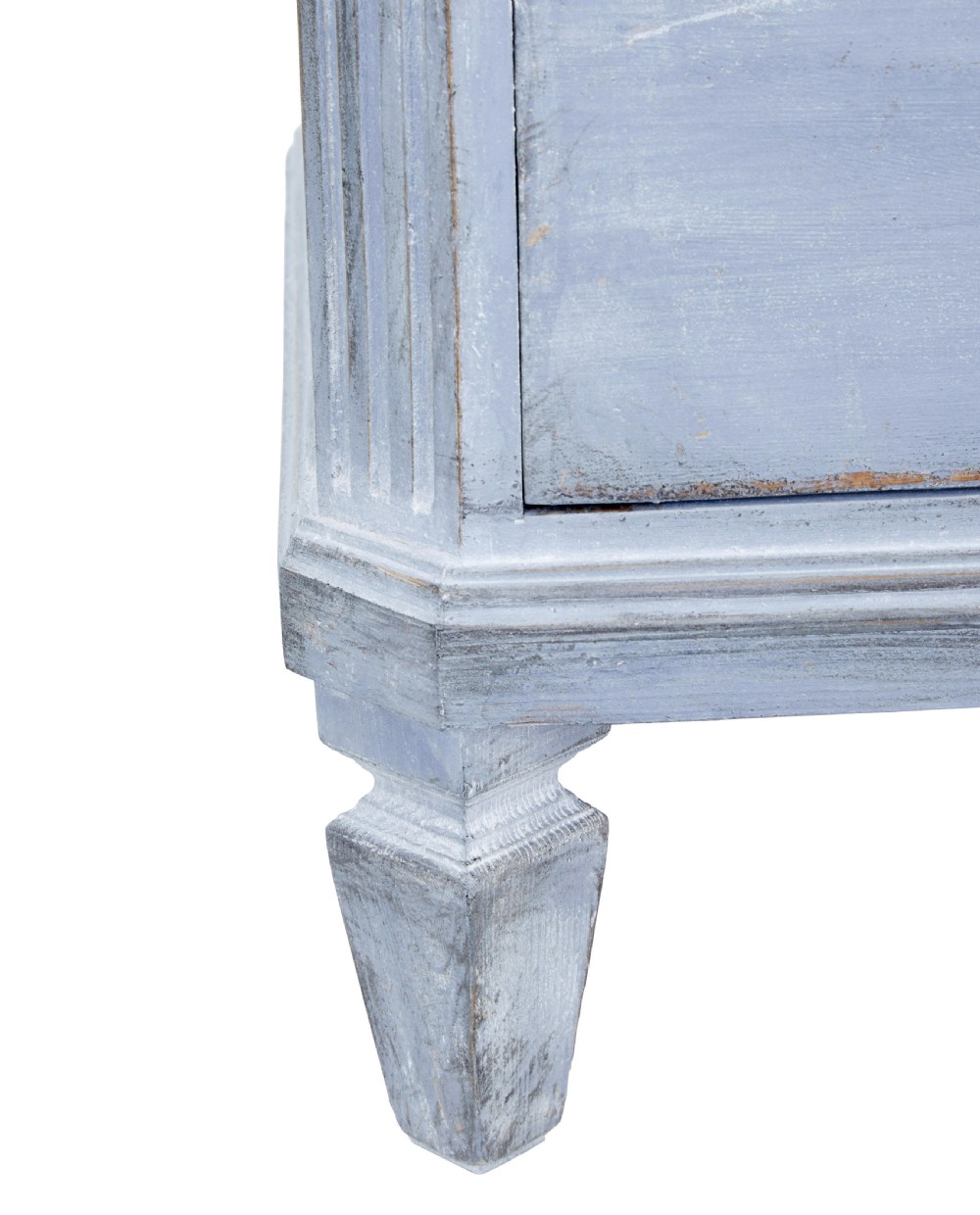 A pair of 19th-century light blue painted Swedish chests of drawers featuring three drawers, fluted sides, circular brass pull handles, and brass shield escutcheons. View VIII