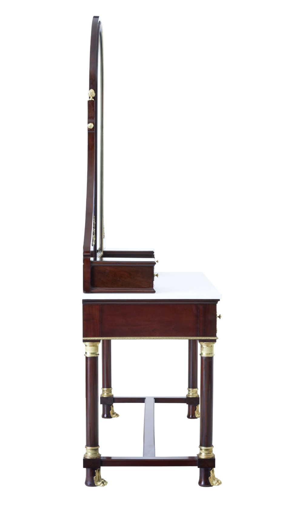 A five-piece nineteenth-century French Empire Revival mahogany bedroom suite featuring gilt bronze mounts, including a sleigh bed, a three-door mirrored wardrobe, a dressing table with mirror, and two matching bedside cabinets. View XIX
