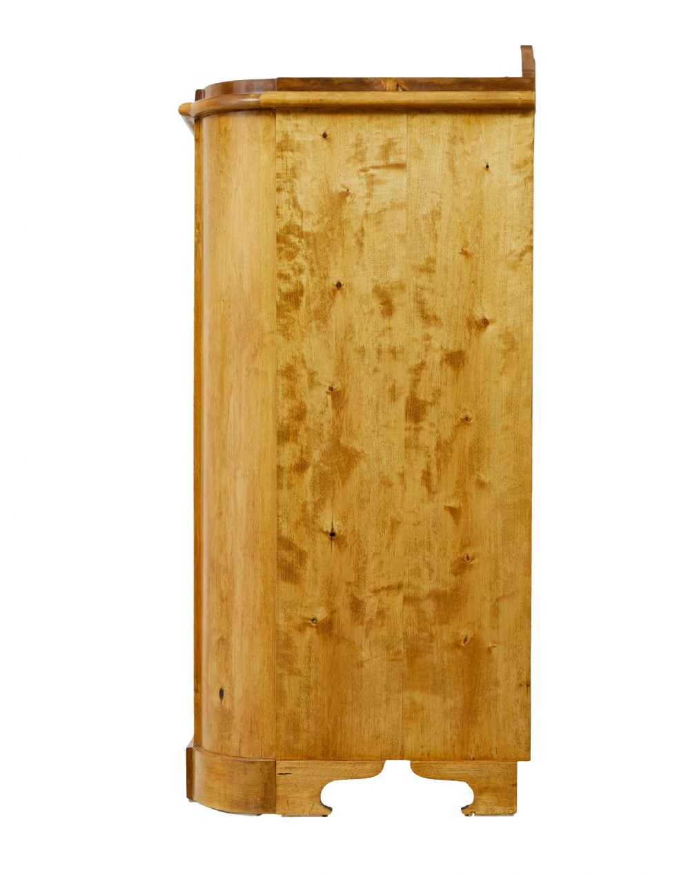 A mid-19th-century Swedish birch buffet sideboard featuring two top drawers, two cabinet doors, and curved side panels in a golden timber finish. View III