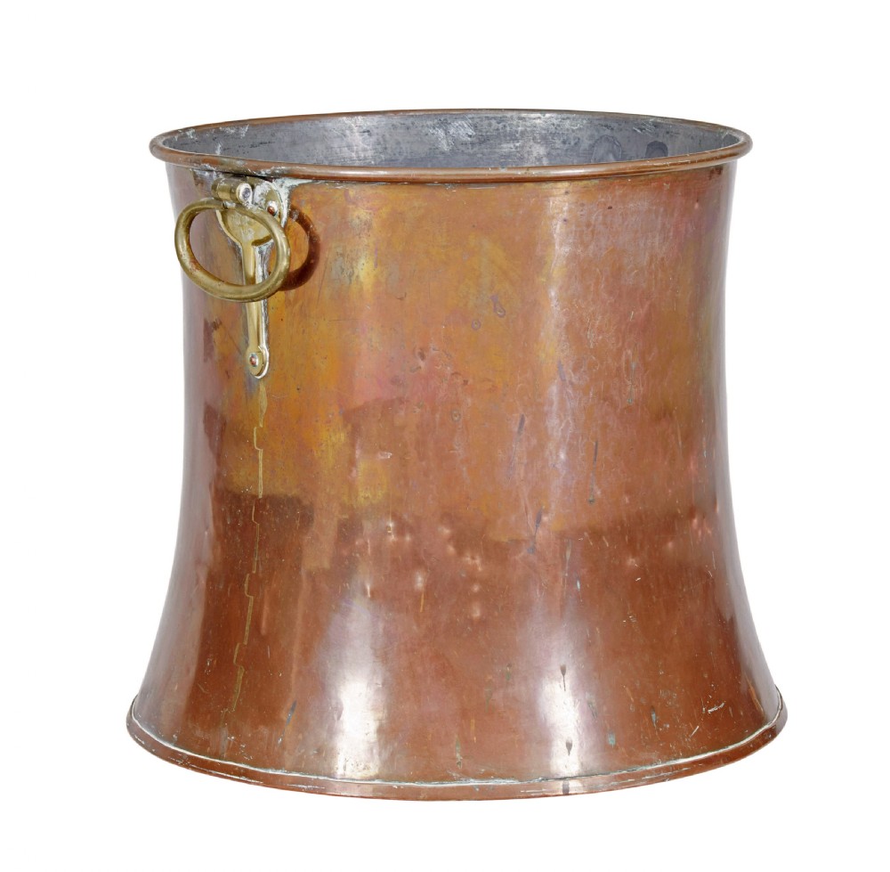 A 19th-century copper log bin featuring a flared, waisted silhouette, rolled rim, and cast brass ring handles. View III