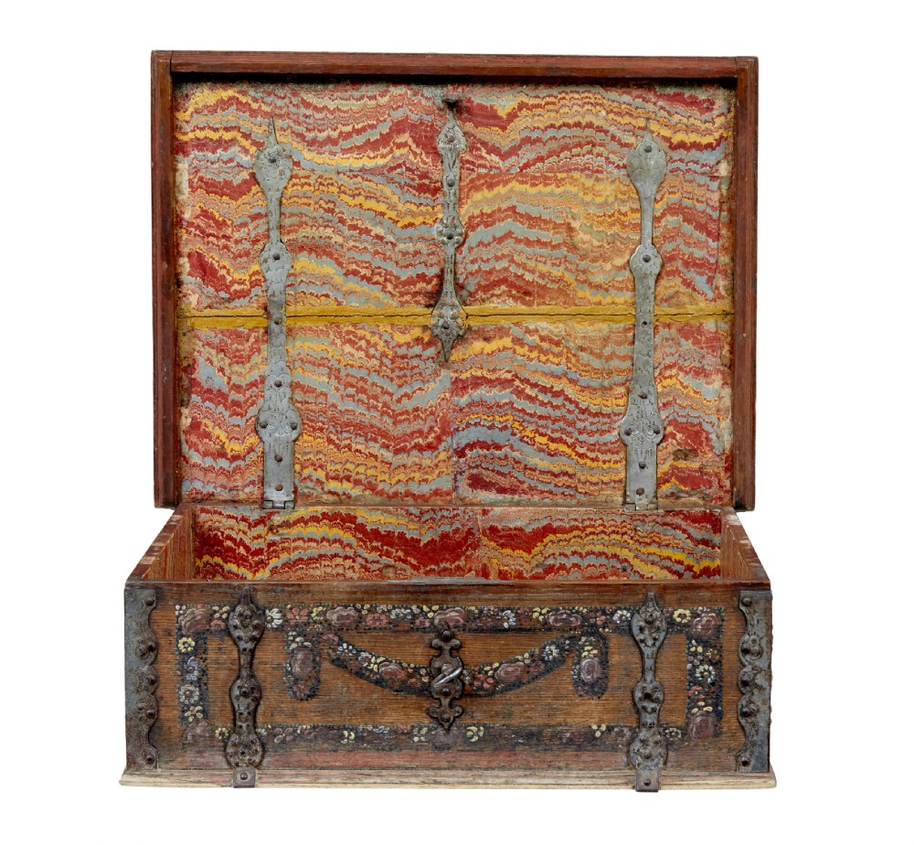 A 19th-century Swedish oak strongbox featuring wrought iron strapwork, side handles, and hand-painted floral motifs on the front panel. View II
