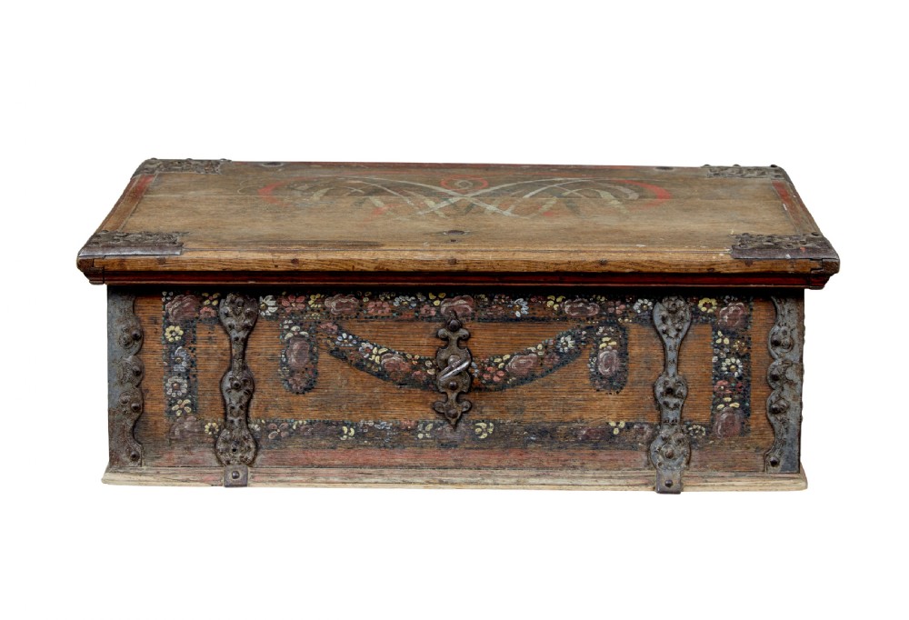 A 19th-century Swedish oak strongbox featuring wrought iron strapwork, side handles, and hand-painted floral motifs on the front panel. View III