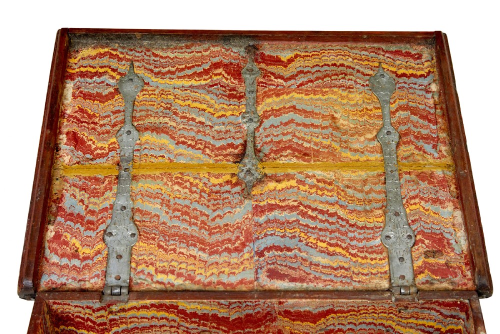 A 19th-century Swedish oak strongbox featuring wrought iron strapwork, side handles, and hand-painted floral motifs on the front panel. View IX