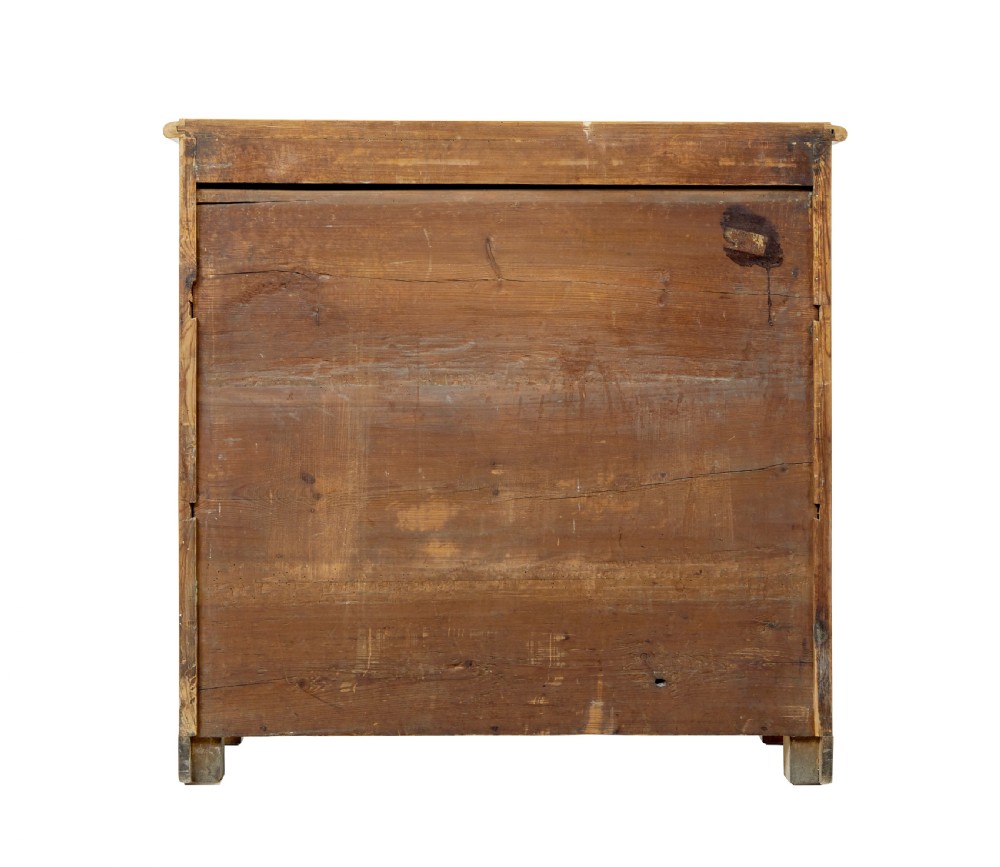 A mid-19th century Swedish birch chest of drawers featuring three full-width drawers with flame grain veneer and rounded side pilasters. View VI