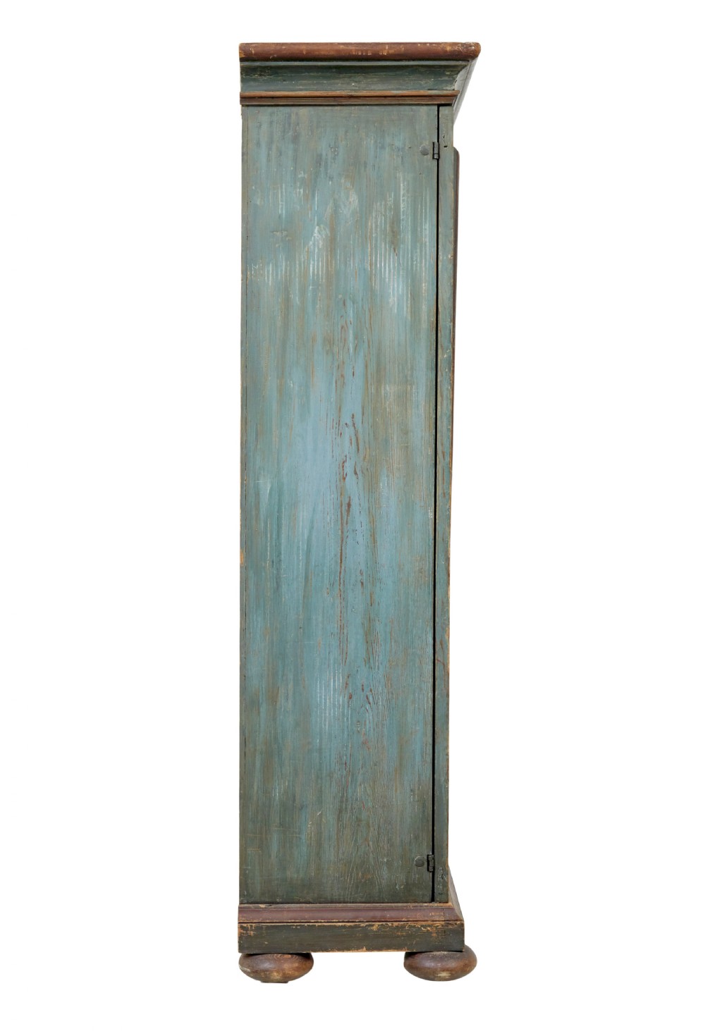 A Swedish hand-painted blue pine cupboard with panelled doors featuring floral motifs, red trim, a dated inscription from 1788, and bun feet. View IV