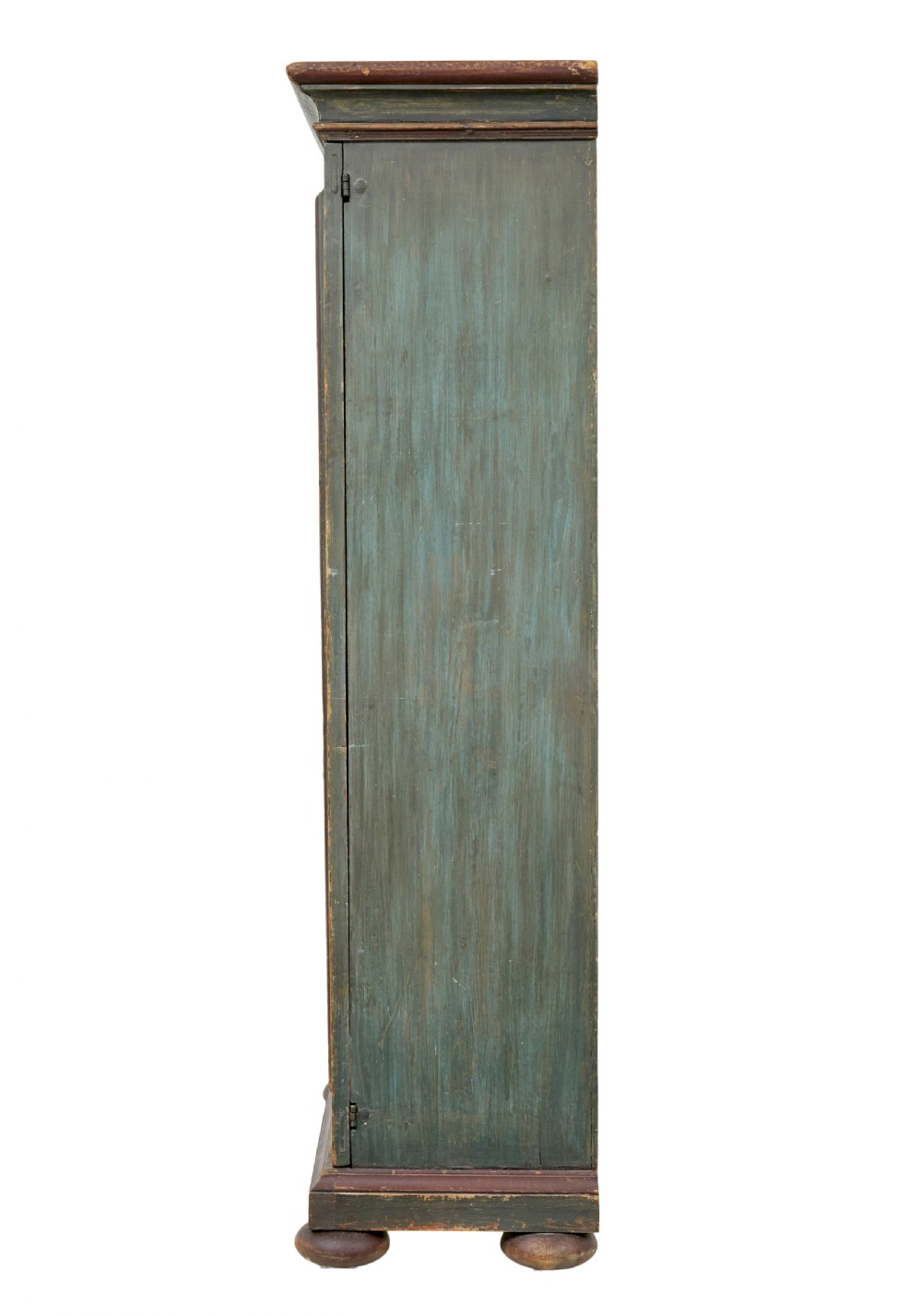 A Swedish hand-painted blue pine cupboard with panelled doors featuring floral motifs, red trim, a dated inscription from 1788, and bun feet. View VI