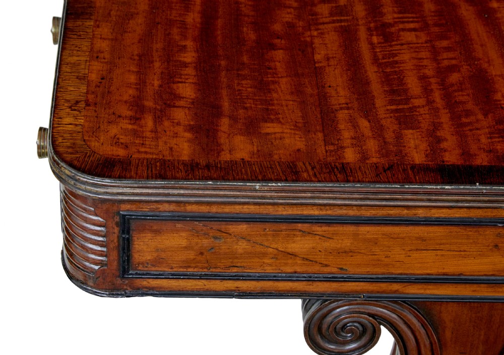 A 19th-century William IV mahogany library desk featuring three frieze drawers with brass knobs, carved scroll end supports, and a turned stretcher on brass castors. View IX
