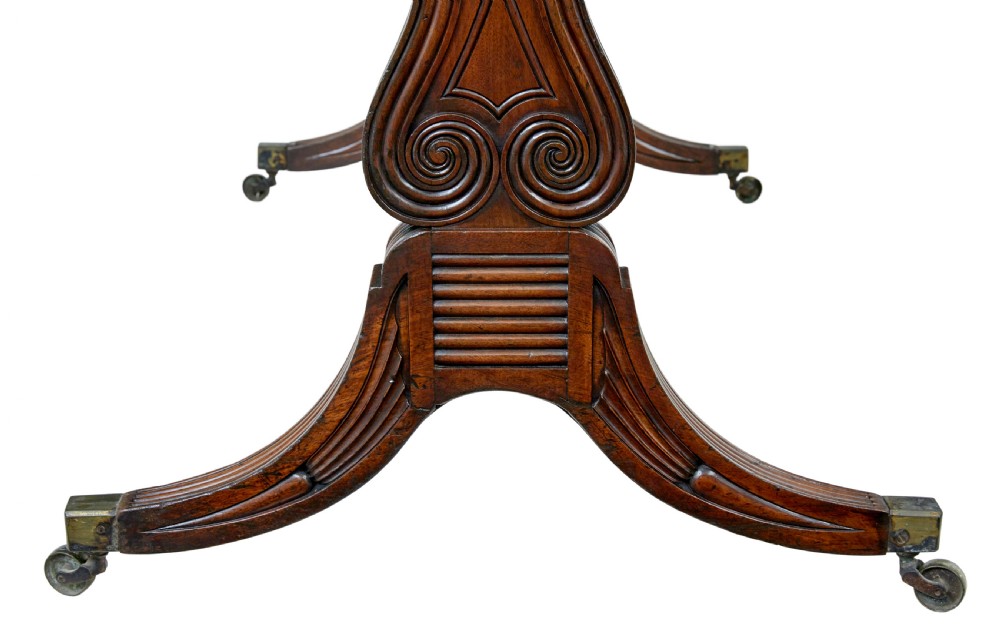 A 19th-century William IV mahogany library desk featuring three frieze drawers with brass knobs, carved scroll end supports, and a turned stretcher on brass castors. View X