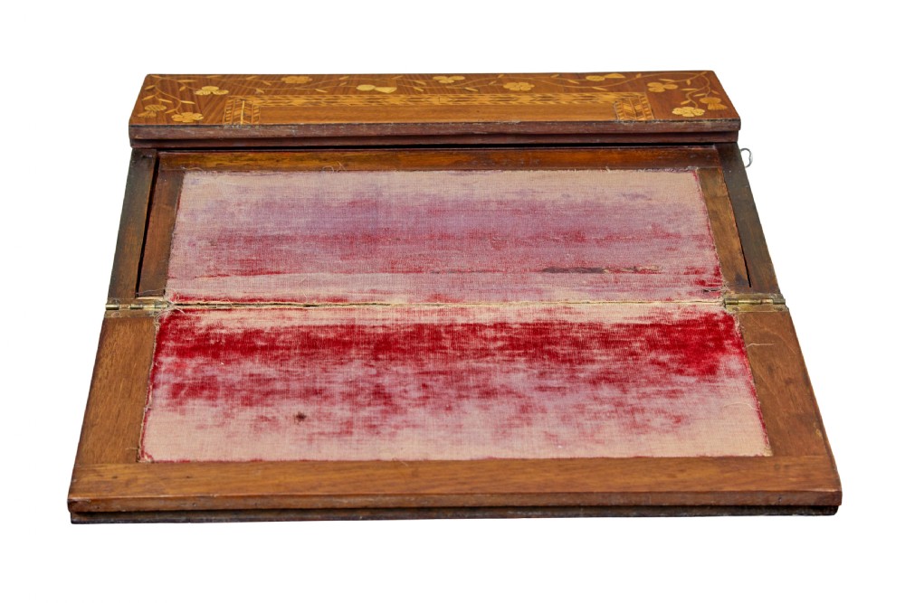 A 19th-century wooden writing slope decorated with marquetry inlays of shamrocks and botanical motifs across the sloped lid. View IV