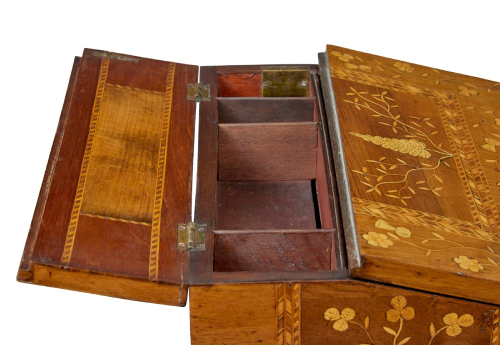 A 19th-century wooden writing slope decorated with marquetry inlays of shamrocks and botanical motifs across the sloped lid. View VIII