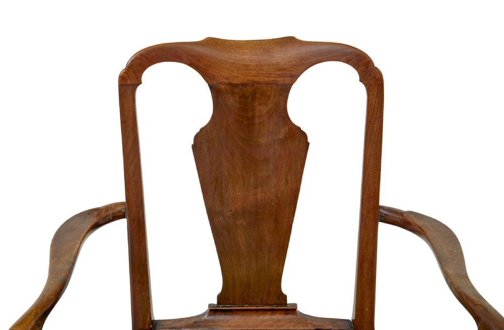 An 18th-century walnut open armchair featuring a contoured vase splat back, curved arms, a green velvet seat, and front cabriole legs with pad feet. View VIII